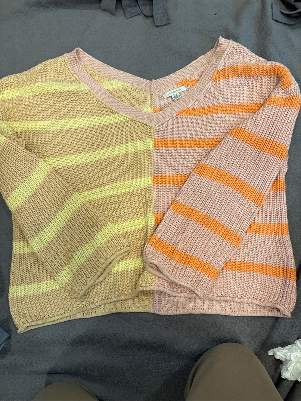 American Eagle Outfitters Striped V-Neck Sweater — Pink, Beige, Yellow & Orange
